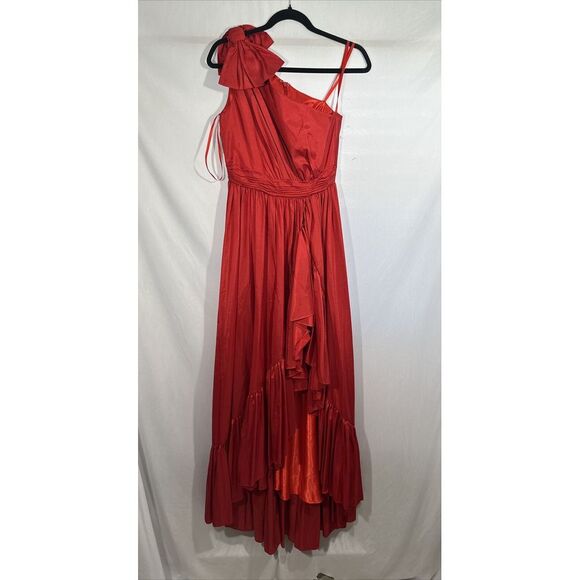 NEW $498 Mac Duggal [ 2 ] Bow One Shoulder‎ Ruffle Asymmetrical Hem Gown #S1023